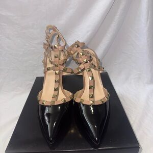 BCBGMaxAzria Black and Tan Studded Heels